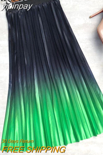 yipinpay 2023 Pleated Midi Skirts Womens Satin Tie Dye Gradient High Waist Long Skirt Stylish Casual Elegant Faldas Female Jupe